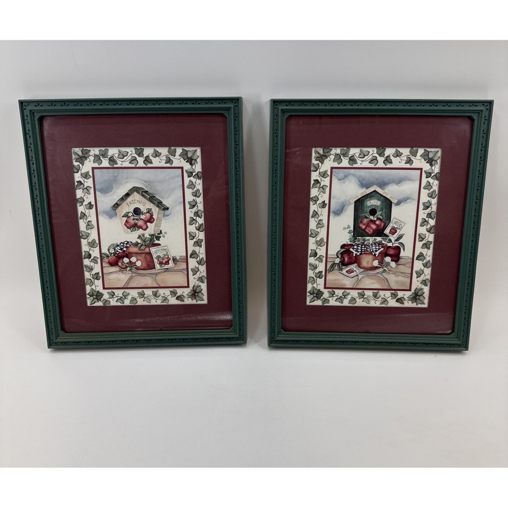 Rare Vintage Home Interior set of 2 Apple Birdhouse Pictures with Green Frames